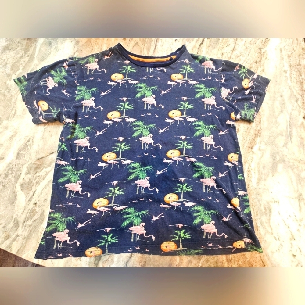 "Denim & Flower by Ricky Singh Flamingo Palm Tree Shirt Men’s Medium Navy Short